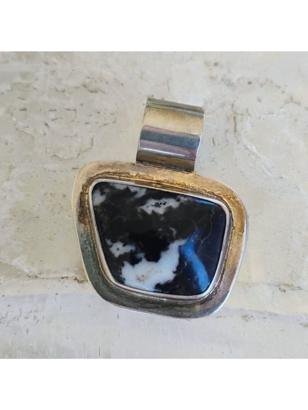 Vintage White Buffalo Turquoise 925 Sterling Silver Pendant 1 3/8" x 1 1/4"